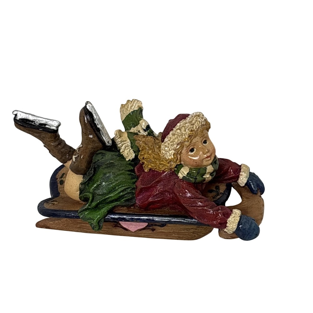 Vintage Style Resin Girl on Sled Figurine‎ Winter Christmas Decor Ice Skates 3"